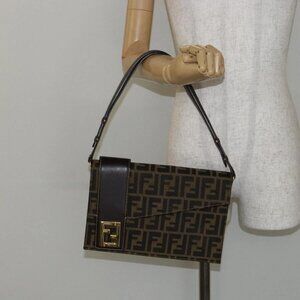 FENDI Zucca Canvas Shoulder Bag Brown Auth 142559